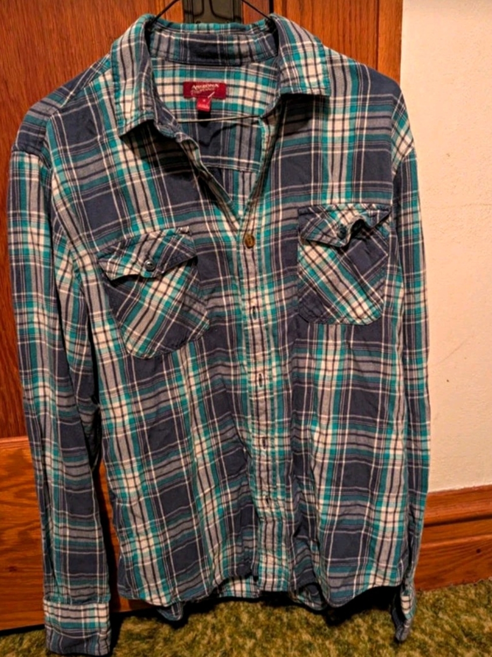 Arizona Jean Company Teal and Navy Plaid Button-Down Shirt